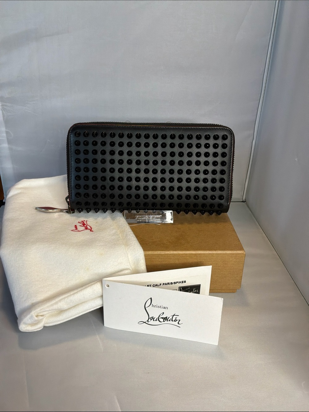 Christian Louboutin Panettone Black Studded Zip Wallet with Red Trim - Picture 2 of 6